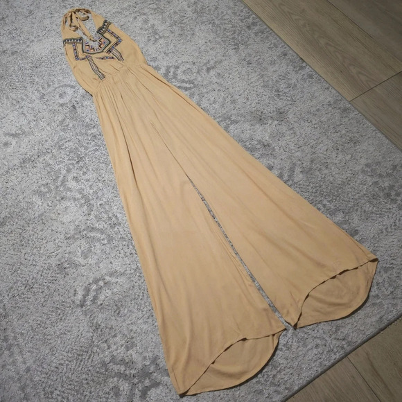 FLYING TOMATO Halter Neck Embroidered Khaki Wide Leg Jumpsuit, High Low Hem, L - Picture 7 of 16